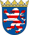 Hessisches Wappen - Das Landeswappen Hessens zeigt im blauen Schilde einen von Rot und Silber geteilten, golden bewehrten Bunten Löwen.